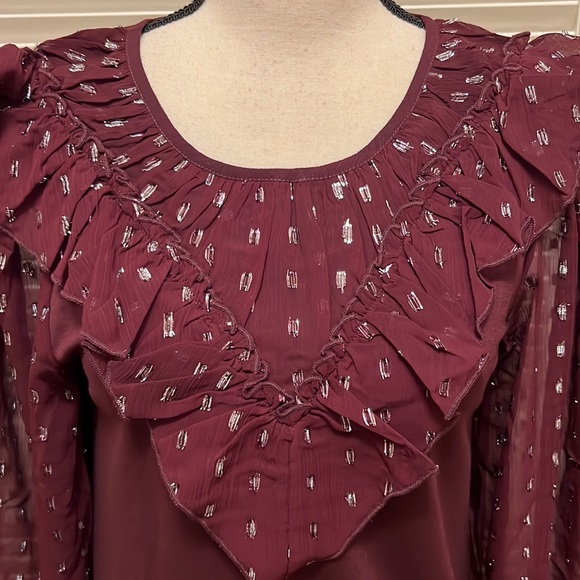 Loft Shimmer Dotted Ruffle Yoke Mixed Media Top in Crushed Blackberry, Size Med - Picture 6 of 17